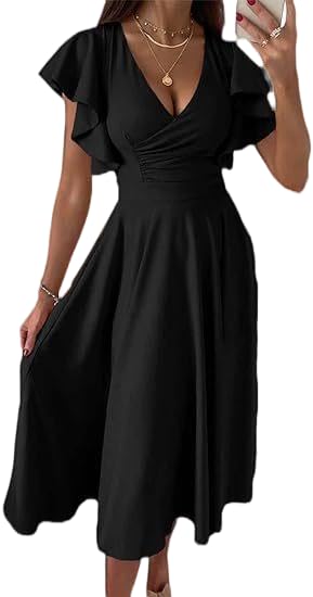 Vestidos casuales para mujer, cuello en V, elegante, vestido de fiesta, vestido corto, Negro -, XL