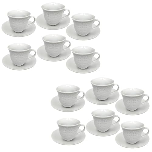 PALUPLUS Set 12 Tazzine Caffè con Piattino in Porcellana da 80 ml, Tazze da Espresso Bianche con decoro e manico, Lavabili in Lavastoviglie, adatte per Microonde -670F