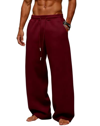Image of Men's Baggy Sweatpants Wide Leg Fleece Lounge Joggers with Deep Pockets | Soft 65% poly 35% cotton stretch blend, outer drawstring, open bottom, relaxed fit for gym, travel, errands and daily wear