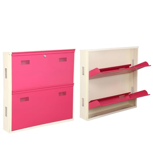 Image of Metal Shoe Rack Wall Mounted for Home with Central Locking 2 Door 28 inch Wall Mounted Metal 6 Pair Shoe Rack Cabinet Pre-Assembled Rack Shelves 3 Year Warranty (Pink & Ivory)