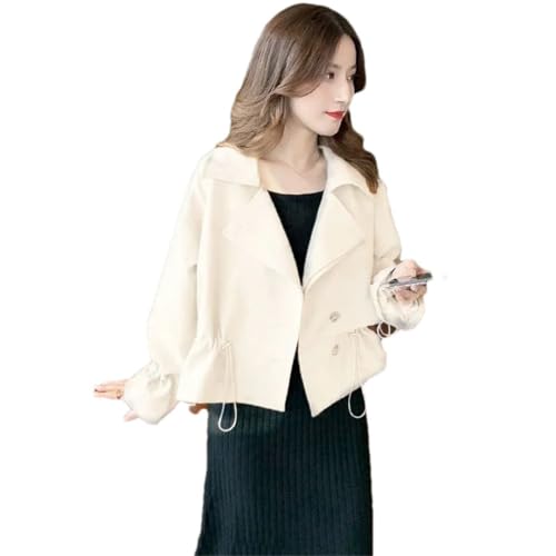 Pohullan Gabardina corta con cordón en la cintura para mujer, ligera, de un solo pecho, Crema-Blanco, L