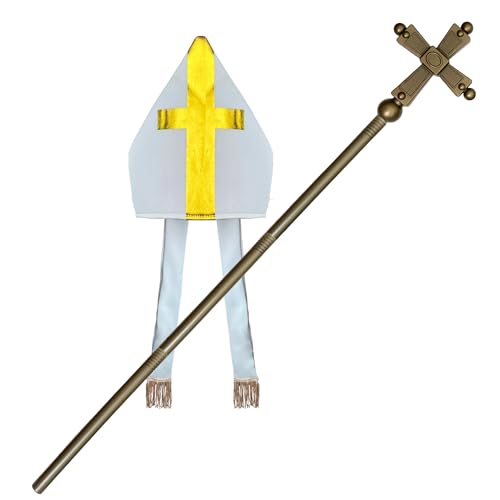 EverJoy Party Adjustable Gold Pope Cross Staff and Adult Mitre Hat - 44-Inch 4-Piece Bishop Prop and Pope Cardinal Bishop Hat Costume Accessory for Halloween One Size