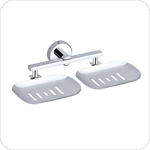 Image of EASYHOME FURNISH Premium Stainless Steel Double Soap Dish for Bathroom & Kitchen | Wall-Mounted Dual Soap Holder with Drainage Slots | Rust-Proof Chrome Finish Soap Stand (Round-37 08)