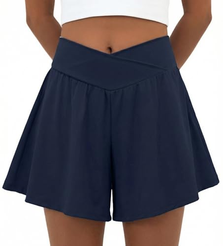 PrinStory Athletic Shorts for Women High Waisted Tennis Shorts Lightweight Workout Running Flowy Skorts Navy Blue-L