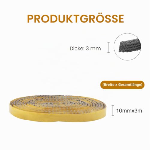 Selbstklebend Kamin Dichtband,Kamindichtung,Ofendichtband,Feuerfestes Dichtungsband für Kaminofentür,Ofenrohr,Kaminscheiben Dichtung, Hitzebeständig bis 550°C, Kamine&Öfen Zubehör (3mm x 10mm x 3m)
