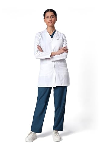 KNYA Women's Lab Coat | Poly Viscose Long Sleeves Long Medical Apron | 3 Pockets Apron Lab Coat | Uniform for Doctors | L, White