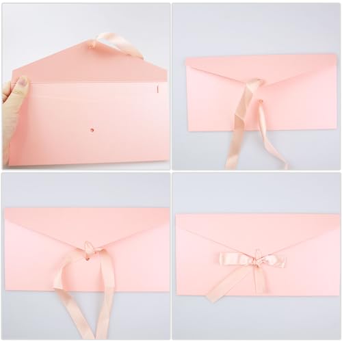 4 Pack Kraft Paper Envelopes with Ribbons, 22 * 10.9 cm Luxury Mailing Invitation Envelopes for Festival, Party, Greeting Cards, Gift Cards - Pink