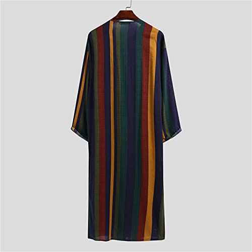 Maiyifu-GJ Men's Striped Muslim Dresses Robe Long Sleeve V Neck Side Split Kaftan Thobe Button Up Long Gown Henley Shirts2