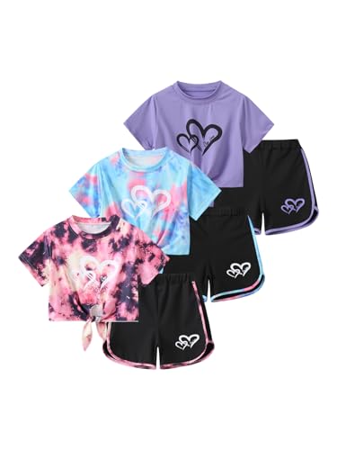 Image of Girls 6 Pieces Summer Outfits Casual Short Sleeve Tee Tops and Dolphin Shorts Set 4-12Y