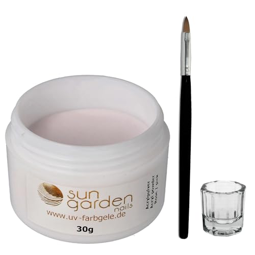 Sun Garden Nails Acryl Pulver rose klar 30g+Acrylpinsel+Dappen Dish Glas