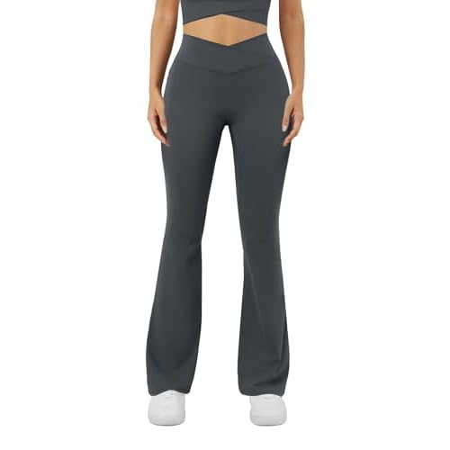 DLOODA Women's Yoga Pants V Crossover Flare Leggings with Pockets Flared Bootcut Bell Bottoms Workout Pants Gym Dark Grey XX-Large