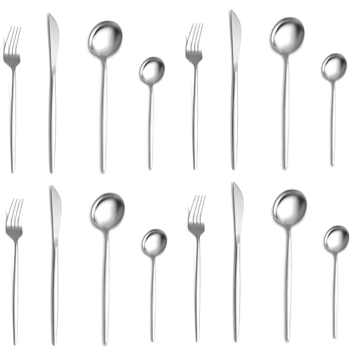 Image of aDai Sterling Silver Silverware Set | Satin Finish 16-Piece Stainless Steel Flatware Set | Dishwasher Safe Cutlery for Home, Restaurant & Gifting