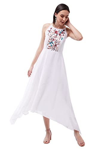 Image of Miss Chase Women's Off White Halter Neck Sleeveless Solid Embellished Maxi Dress
