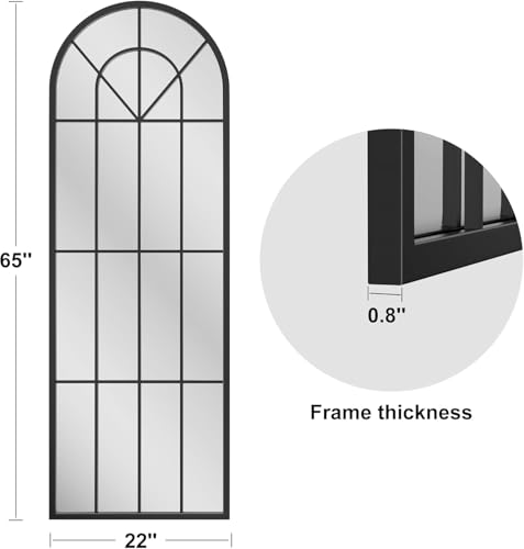 Image of Dewfig Arched Windowpane Floor Mirror, 65 inchx 22 inch Full Length Mirror, Black