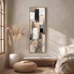 Tableau géométrique minimaliste beige et noir vertical 30x90cm avec cadre