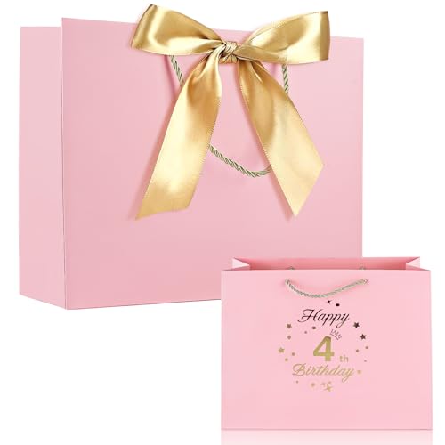 Yiran Birthday Gift Bag with Handles and Ribbon for 4 Year Old Gilrs Birthday Gift Wrapping, Happy 4th Birthday Gift Bag, Kids Baby Paper Gift Bags, Pink and Gold Birthday Decorations Party Supplies