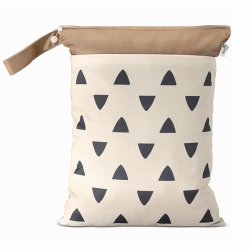 Image of BebeBiu Cloth Diaper Wet Bags – Waterproof & Reusable Bag with 2 Zippered Pockets, 100% Polyester with Handle, Perfect for Stroller, Travel, Baby Essentials & Breast Pump Storage (Sand Triangular)
