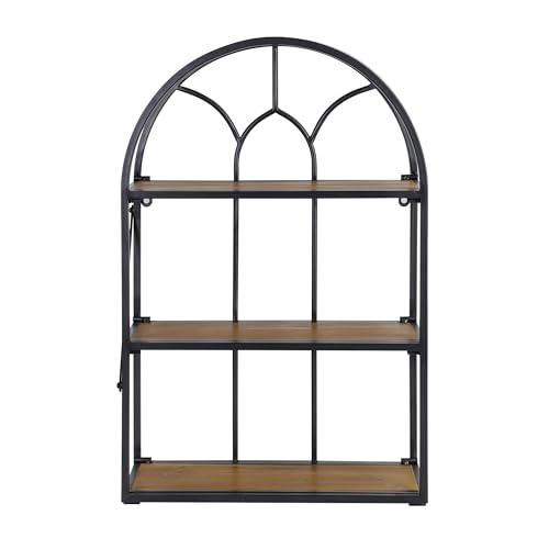 Synovana Arched Foldable Metal & Wood Wall Shelf – 3 Tier Freestanding Floating Ledge Shelves Window Design Storage Rack for Home Décor