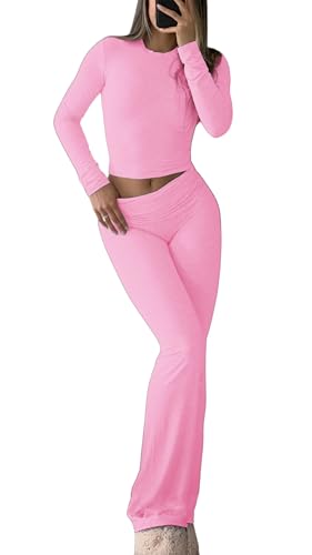 Image of YETOWA Y2K 2 Piece Outfits Tummy Control Long Sleeve Crop Top High Waisted Flare Pants Soft Knit Lounge Set