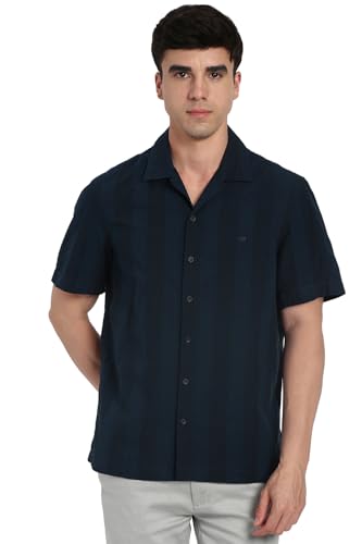 Image of Peter England Men's Casual Half Sleeve Resort Collar Shirt in 100% Cotton Seersucker with Striped Design