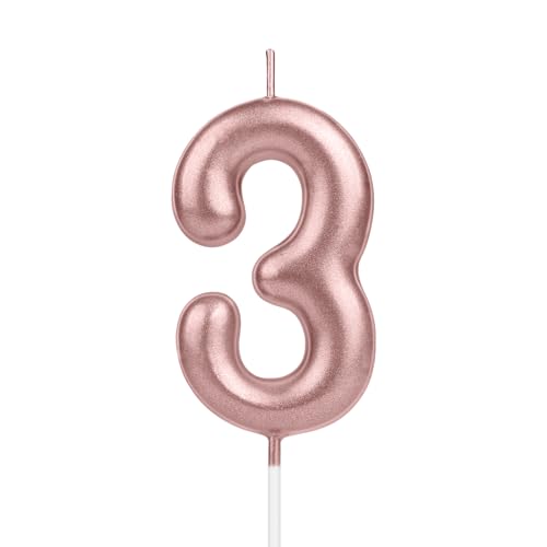 iNINGER Rose Gold Number 3 Candles,3rd Birthday Number Candles,Rose Gold Happy Birthday Cake Topper Decorations for Party Wedding Anniversary Supplies
