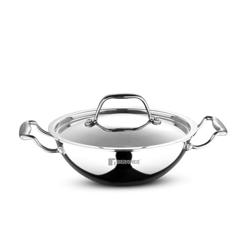 BERGNER Argent Triply 18cm Kadai with Stainless Steel Lid, 1.3 Liters Small Kadhai, Even and Faster Heating, Consumes Less Oil, Healthy Cooking, Stay Cool Cast Handles - Induction and Gas Stove Ready