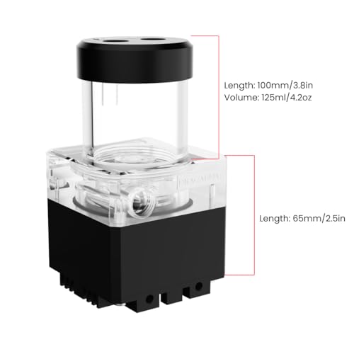 Image of dracaena.io High Flow 650L /H PC Water Pump Combo with Colorful LED and 125ml 100mm (3.8in) Reservoir - 12W, 0.7A, 65mm x 65mm x 165mm (2.6 x 2.6 x 6.5in), Black