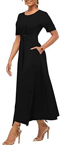 Zonjie Black Casual Evening Prom Gown Maxi Dresses For Women Elegant Crew Neck Short Sleeve Loose Long Formal Party Dress With Belt #TOP2