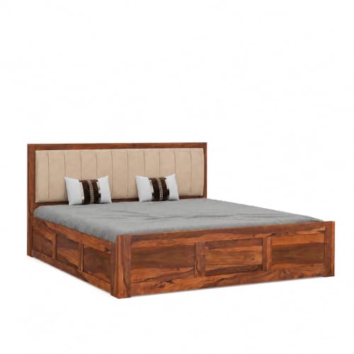 Image of SONA ART & CRAFTS Veronica Solid Sheesham Wood Bed Queen Size with Storage Box | Wooden Bed Queen Size Cot | Upholstered Beds | Double Bed with Storage Box - Natural Finish