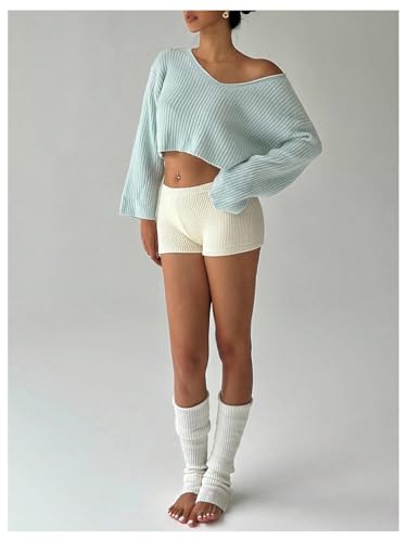 Image of Floerns Women's Long Sleeve Cropped Fall Pullover V Neck Drop Shoulder Rib Knit Sweaters Top
