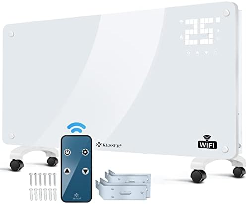 KESSER® Szklany konwektor, grzejnik elektryczny, aplikacja WiFi, w zestawie pilot zdalnego sterowania, ogrzewanie elektryczne lub ścienne | ekran dotykowy | wyświetlacz LCD | timer | 2500 W |