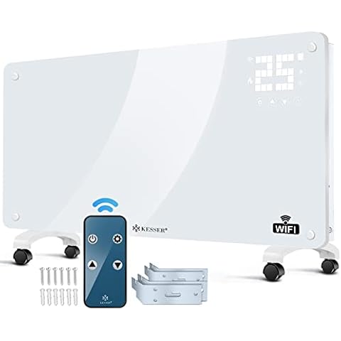 KESSER® Glaskonvektor Glasheizung Elektroheizkörper APP WiFi Funktion Inkl. Fernbedienung Elektroheizung Stand- oder Wand Heizung Heizkörper | Touchscreen | LCD-Display | Timer | 2500 Watt | Weiß Cover