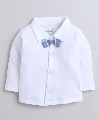 Image of BUMZEE Boys Regular Fit Full Sleeves Collar Neck Cotton Shirt Waistcoat Short Set With Applique Bow