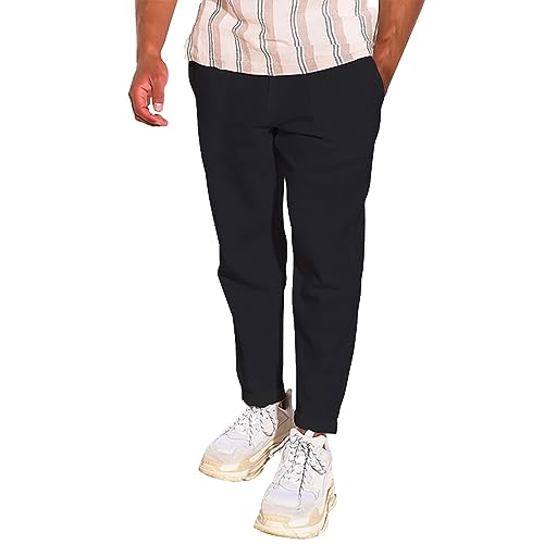 Pantalones cargo para hombre, pierna recta, con cordón, casual, de algodón, para verano, playa, yoga, pantalones sueltos con hebilla de cinturón y solapa, disponible en colores negro y azul marino