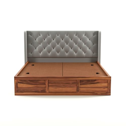 Image of Solid Sheesham Wood King Size Bed with Storage | Wooden Double Bed Cot Bed with Box Storage & Velvet Upholstered Cushioned Headboard for Bedroom (Honey D, King)