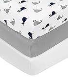 American Baby Company 3 Pack 100% Natural Cotton Fitted Crib Sheets 52' x 28' - Soft, Breathable, Hypoallergenic & Gentle Toddler Bed Sheets, Navy Whale/Gray/White, Neutral for Boys & Girls