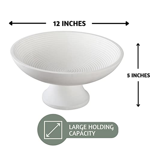 Folkulture Wood Fruit Bowl Or Decorative Pedestal Bowl For Table Décor, Wooden Fruit Bowl For Kitchen Counter Or Farmhouse Centerpiece, 12-Inch Large Bowls For Breads, Mango Wood (White Ribbed) #TOP4