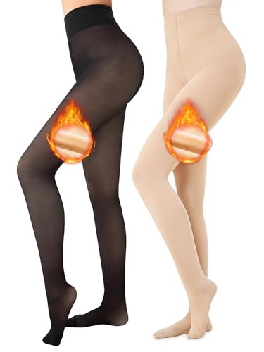 Ultrafun 2 Pairs Fleece Lined Tights Women Fake Translucent Thick Tights Warm Thermal Pantyhose