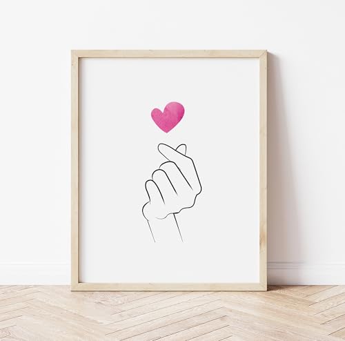 Korean Finger Heart Saranghae I Love You Wall Art Print, Kpop Poster Minimalist Hand Line Pop Decor