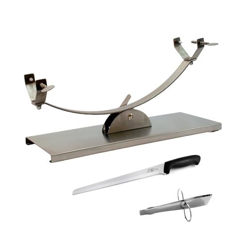 Fackelmann Set Jamonero Basculante Acero Inoxidable, 50x18 cm, Base Estable para Jamones Grandes, incluye Cuchillo Jamonero 23/34 cm y Pinzas para Jamón Acero Inoxidable 11 cm