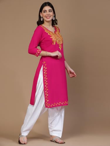 Image of QAZMI Women's Rayon Cotton Straight Keyhole Neck Three-Quarter Sleeves Kashmiri Embroidery Kurti