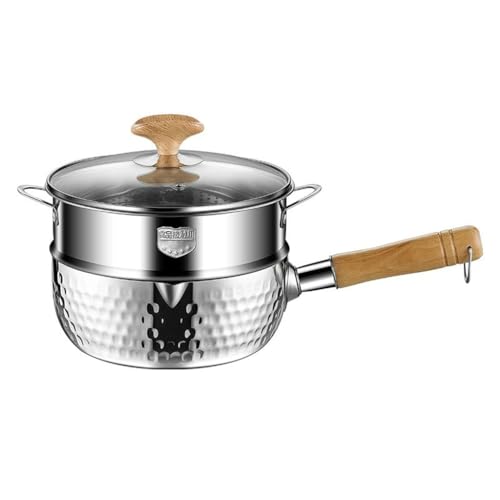 loyfreeyo 雪平鍋 片手鍋 ステンレス 蒸し器付き 一人鍋 ih対応 ガラス蓋 焦げ付かない 煮物 茹で物 ソース お手入れ簡単 一人食 家庭用 多機能 蒸し料理 湯沸かし 両側注ぎ口 軽量 家庭用 日常調理 (22cm,蒸し鍋付き)