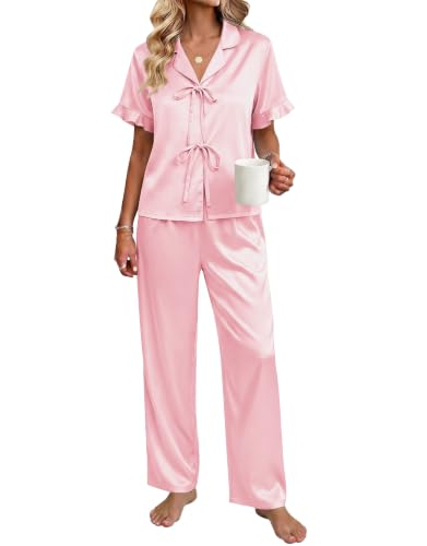 Ekouaer Silk Pajamas for Women 2 Piece Satin Pj Set Ruffle Tie Short Sleeve Sleepwear Comfy Loungewear with Pockets Pink M
