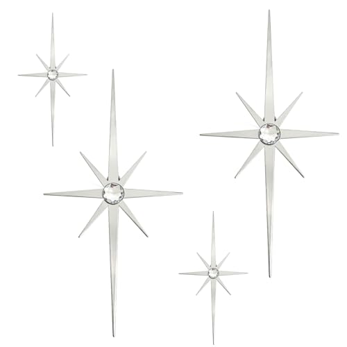 Sxnzequnze 4 Pcs Star Wall Art for Home Decor Living Room Bedroom Office Metal 3D Bling with Hanging Hook Starburst Midcentury Sculpture Retro Gallery Accent Celestial -Silver 16.5in/9.4in