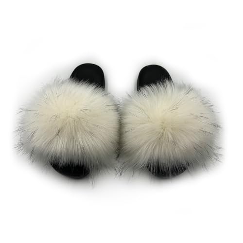 Image of Women's Faux Fur Slides Slippers Fluffy Fuzzy Sandals Open Toe Furry Slide Flip Flop Indoor Outdoor