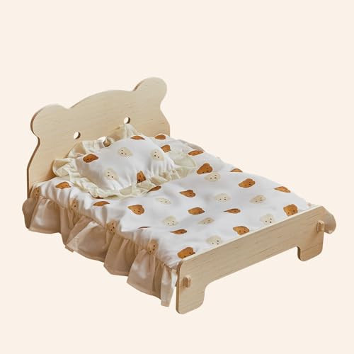 爪研ぎ機能付き猫用ベッド＆ハンモック（木製小熊デザイン/洗える） ペット快適寝床、リラックスソファー兼用。小型犬対応室内用コンパクトベット、省スペースフローリング設置可能。冬暖夏涼通気性 撥水加工頑丈安定構造。北欧風モダンな猫用品・犬グッズ、キャットタワー兼ペットハウスとしてリビング寝室に調和。すのこマットレス付き洗濯可能、対策済み。猫の生涯の75%を快適に過ごすための安心睡眠空間 (M)