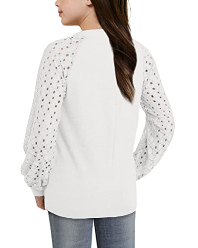 Batermoon Girls' Long Sleeve Shirts Lace Loose Fit Casual Crewneck Blouses Tops 5-14 Years White #TOP1