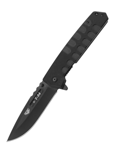 HOKC T-34 | 323-480401 | Pocket Knife, EDC Knife by Official Dealer - Liner Lock, G10 Handle, Ball Bearing, Finger Flipper, Thumb Stud, Long and Durable AUS8 Stainless Steel, Black Titanium Coated - Ideal for Camping & Hunting