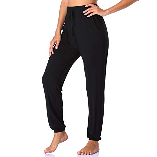 Women's Yoga Pants Long Modal Comfy Drawstring Trousers Loose Straight-Leg for Yoga Running Sporting with Pockets Black