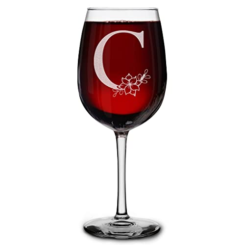 Letter C Floral Monogram Wine Glass with Engraved Initial, 16 oz Stemmed